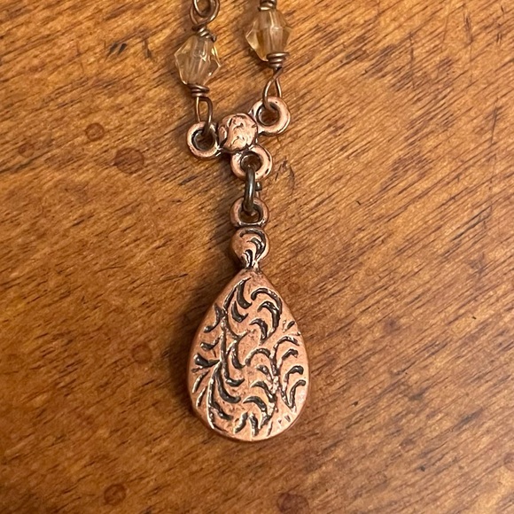 1928 Yellow Moon Drop Copper Tone Necklace (Reversible Scroll Copper Drop) - Picture 5 of 6